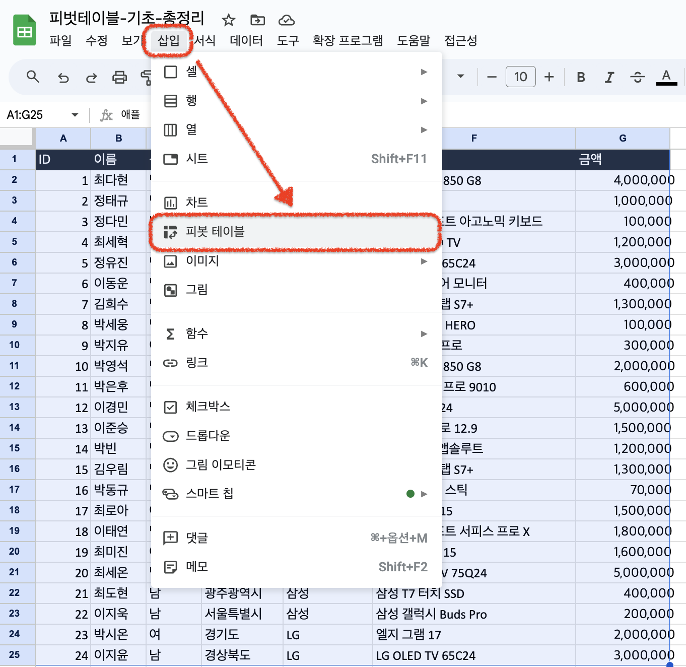 피벗 테이블 삽입